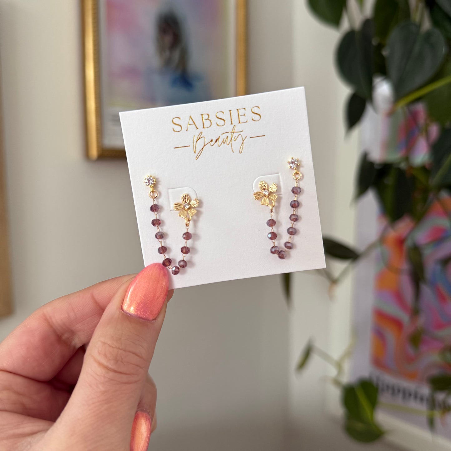 Mauve Floral Crystal Double Stud
