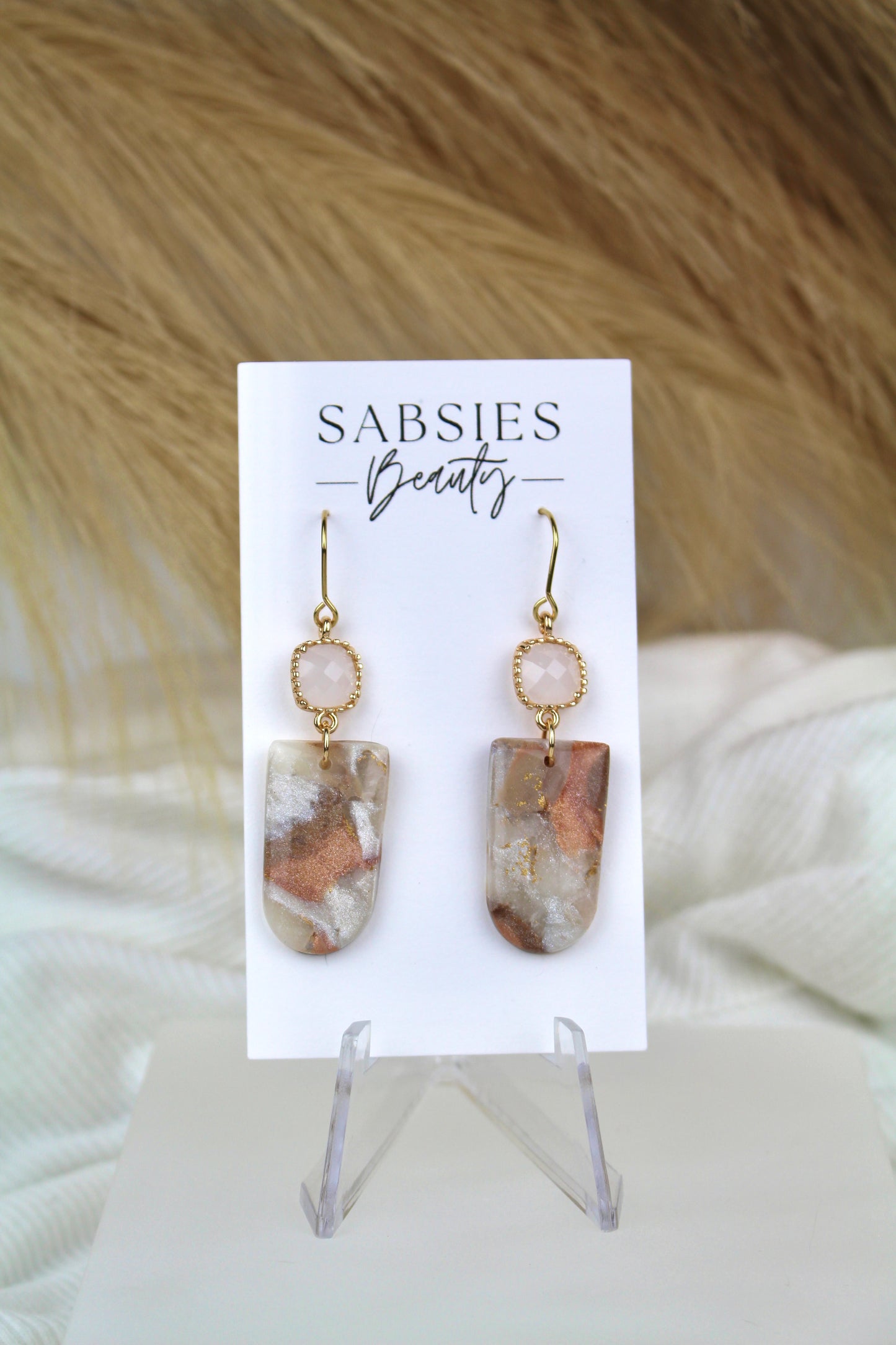 Marbled Neutral Dangle Earring with Crème Stone