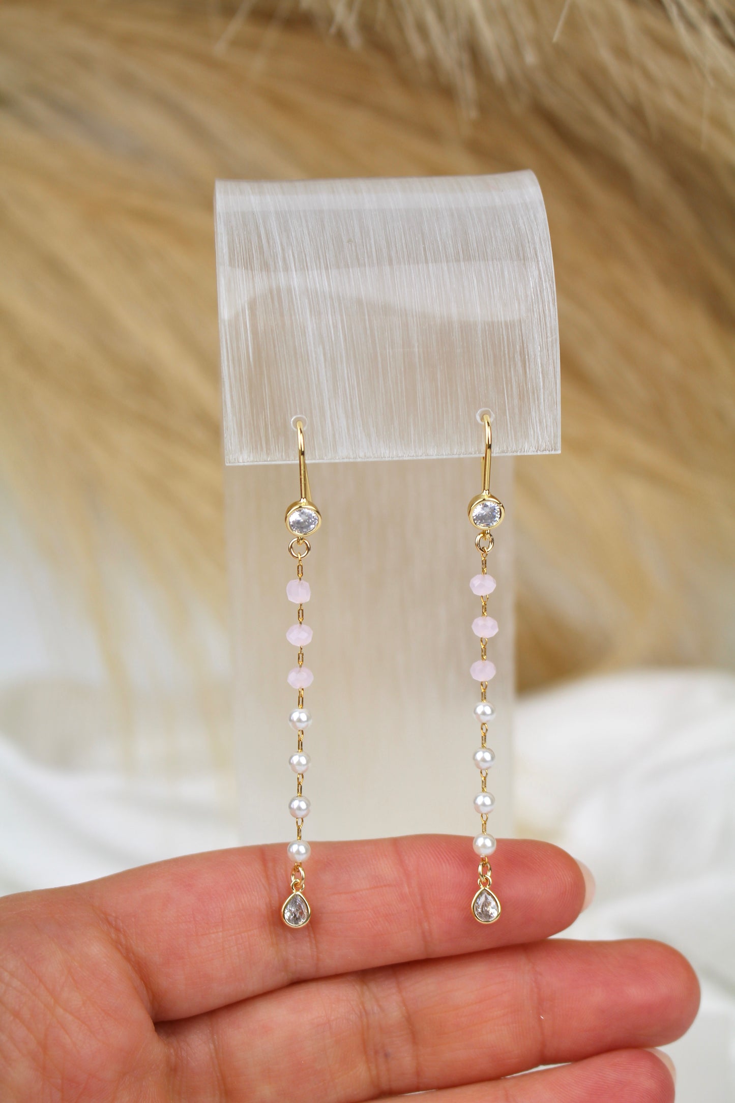 Baby Pink and Pearl Beaded Chain Dangle Earring with 18k Gold Plated Post