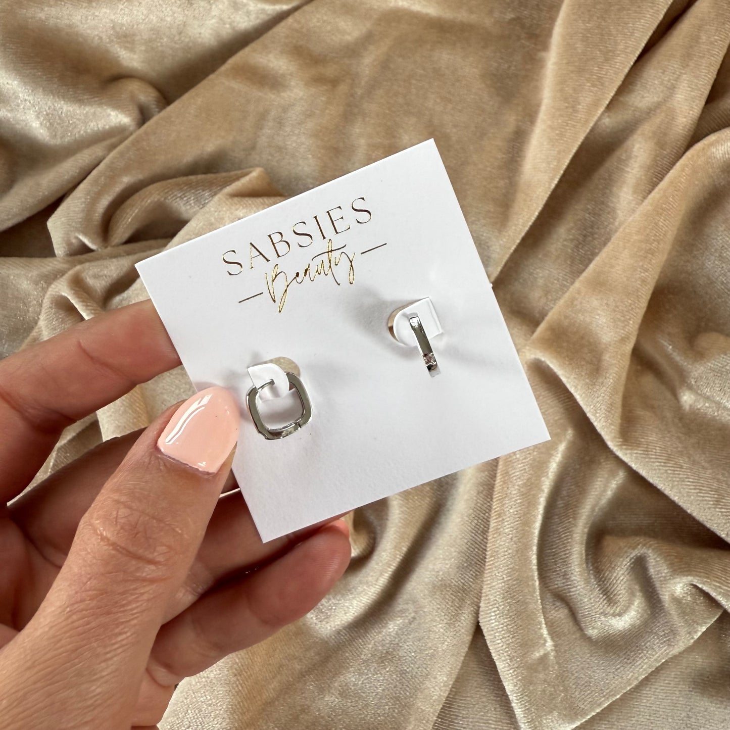 Silver Square Huggie with CZ Crystal Rhodium Plated