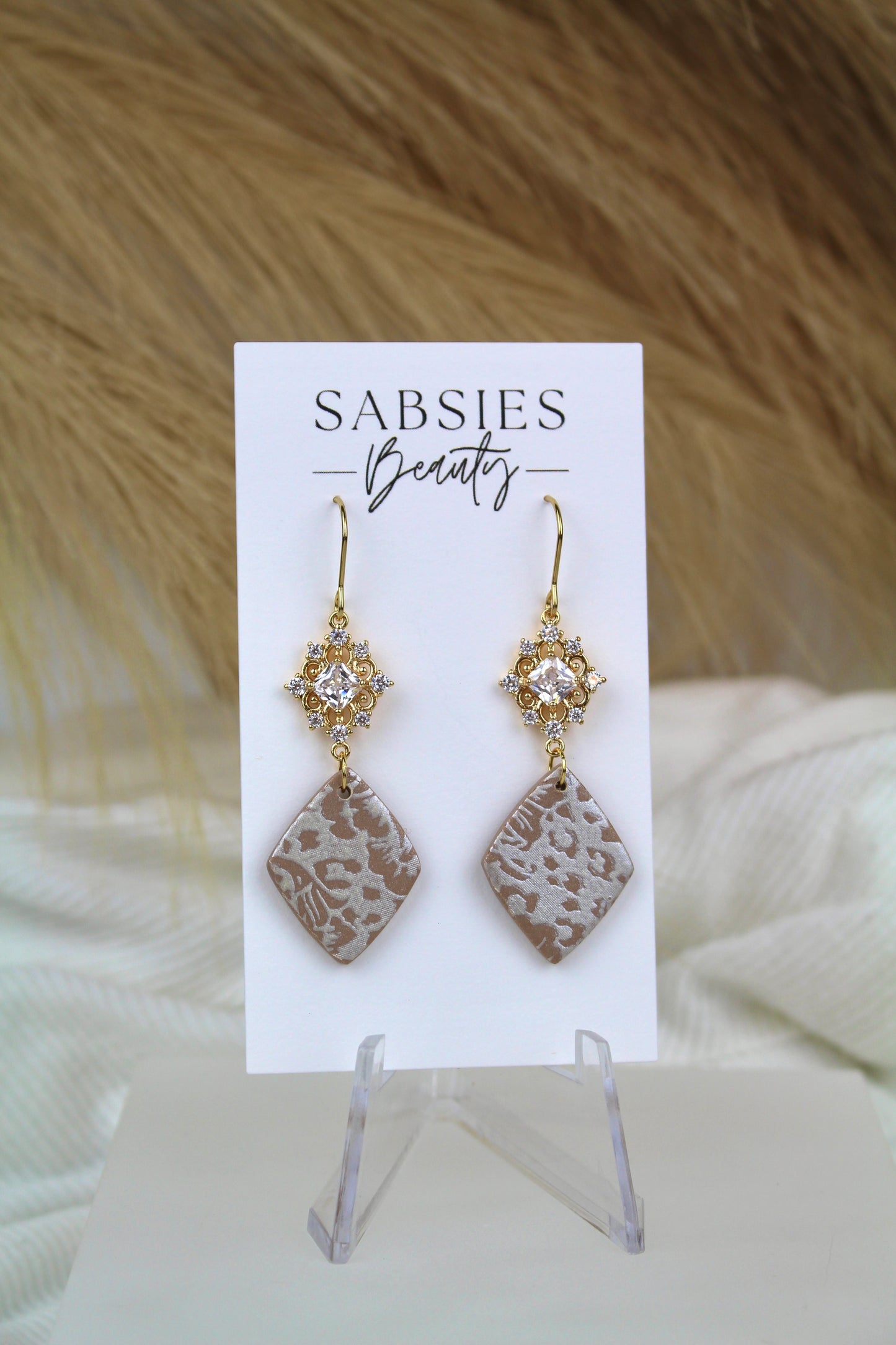 Tan and Pearl Floral Dangle with Crystal Accent