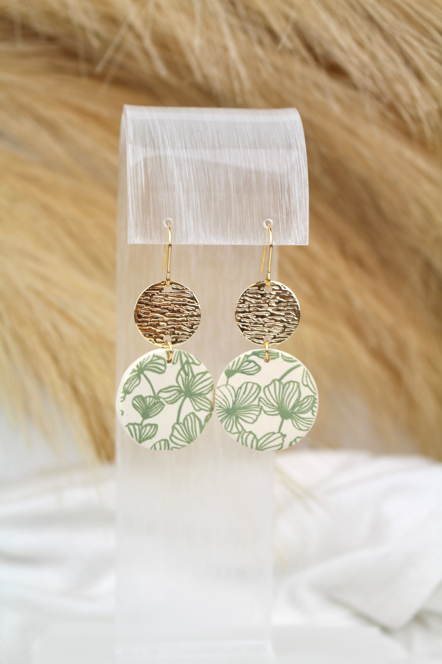 Tan and Green Floral Dangle Earring with Gold Accent