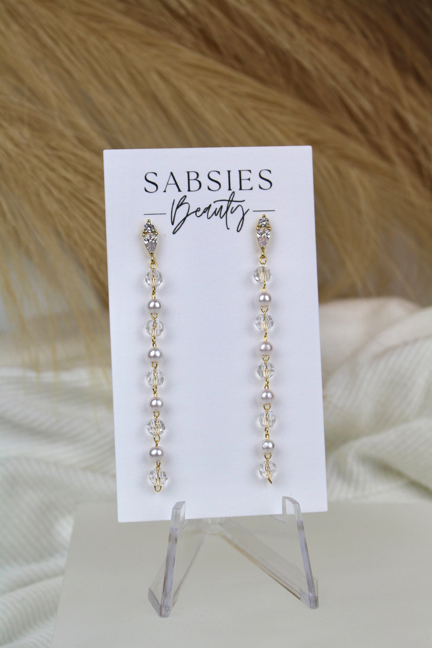 Pearl and Crystal Beaded Chain Dangle with 18k Gold Plated Crystal Post