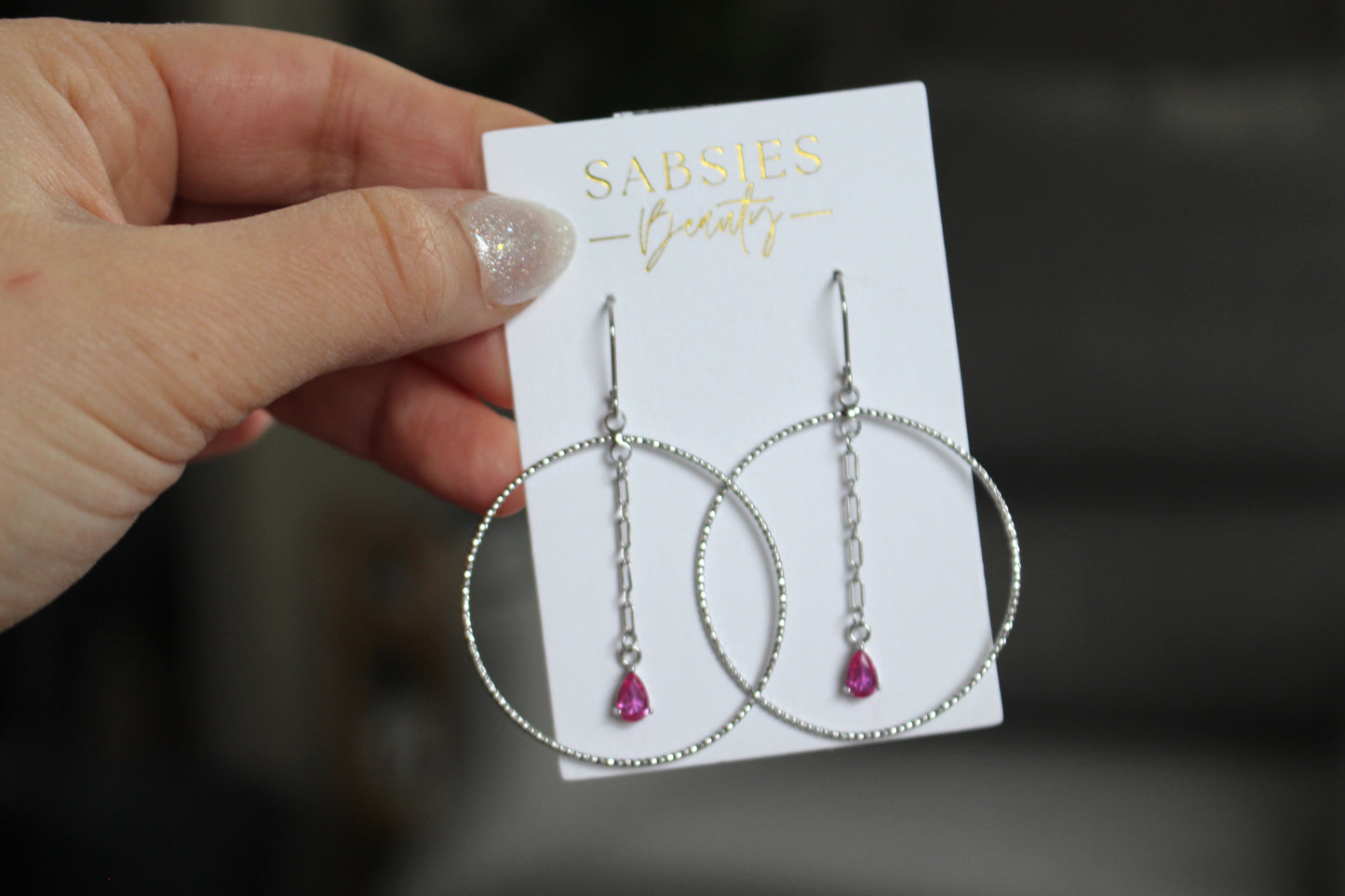 Silver and Magenta Crystal Dangle Hoop