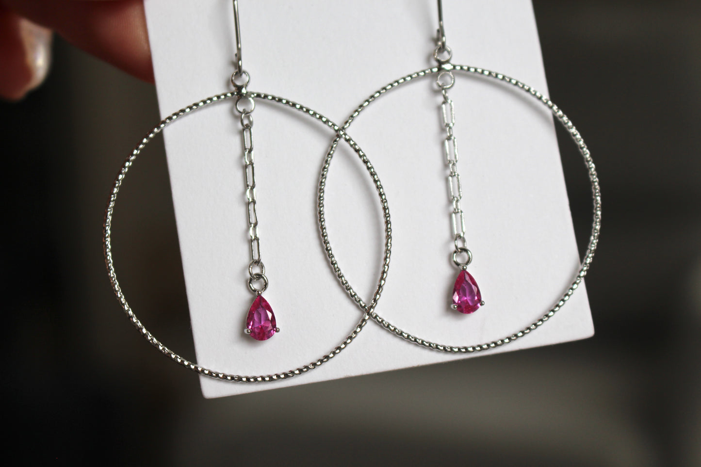 Silver and Magenta Crystal Dangle Hoop