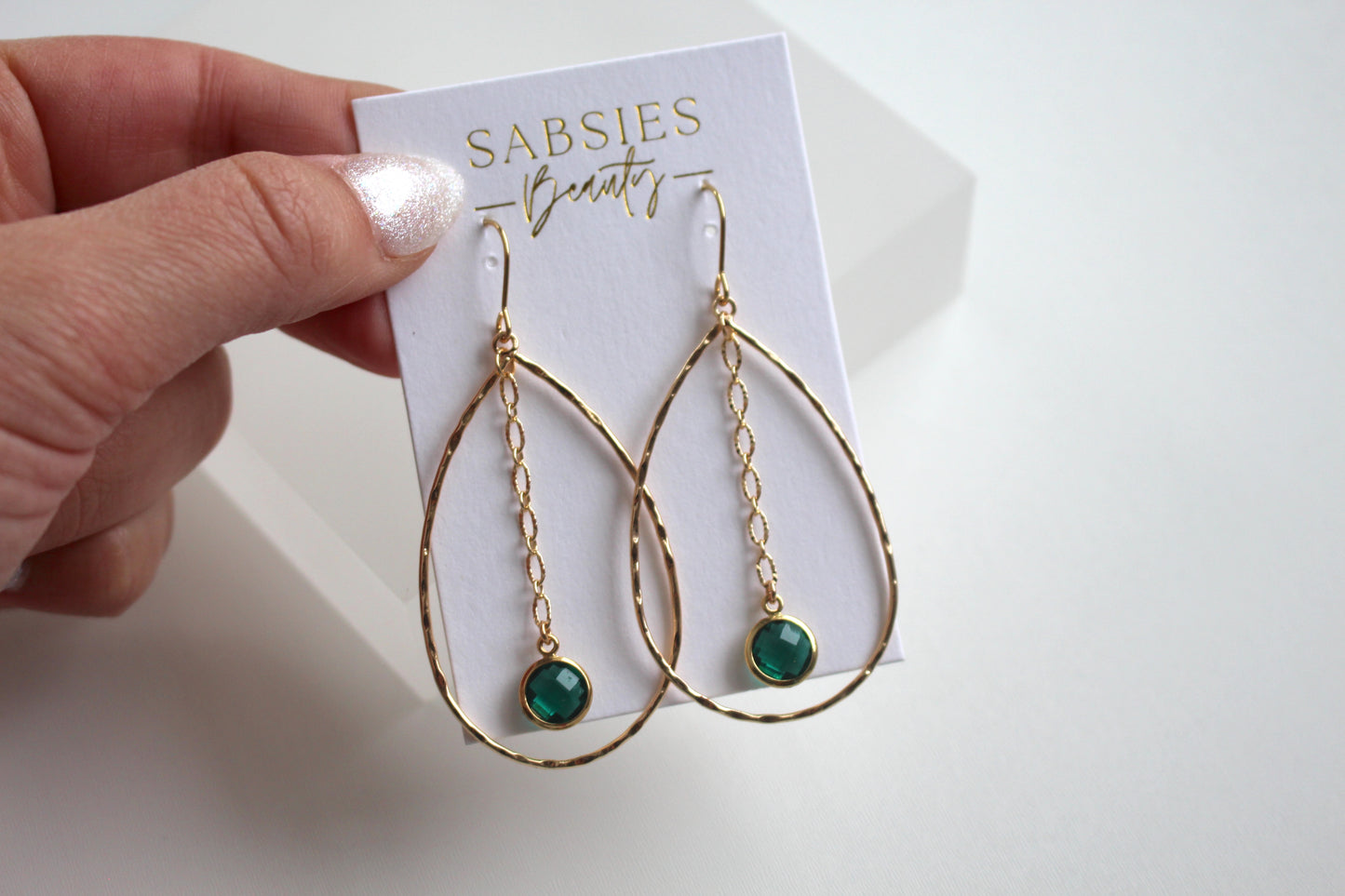 Hammered Gold Teardrop with Emerald Stone