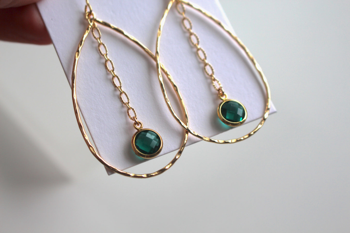 Hammered Gold Teardrop with Emerald Stone