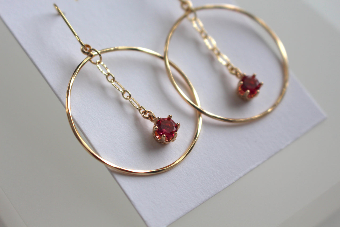 Gold Hoop with Dangle Chain and Magenta Stone