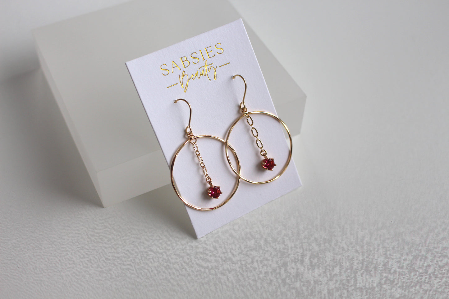 Gold Hoop with Dangle Chain and Magenta Stone
