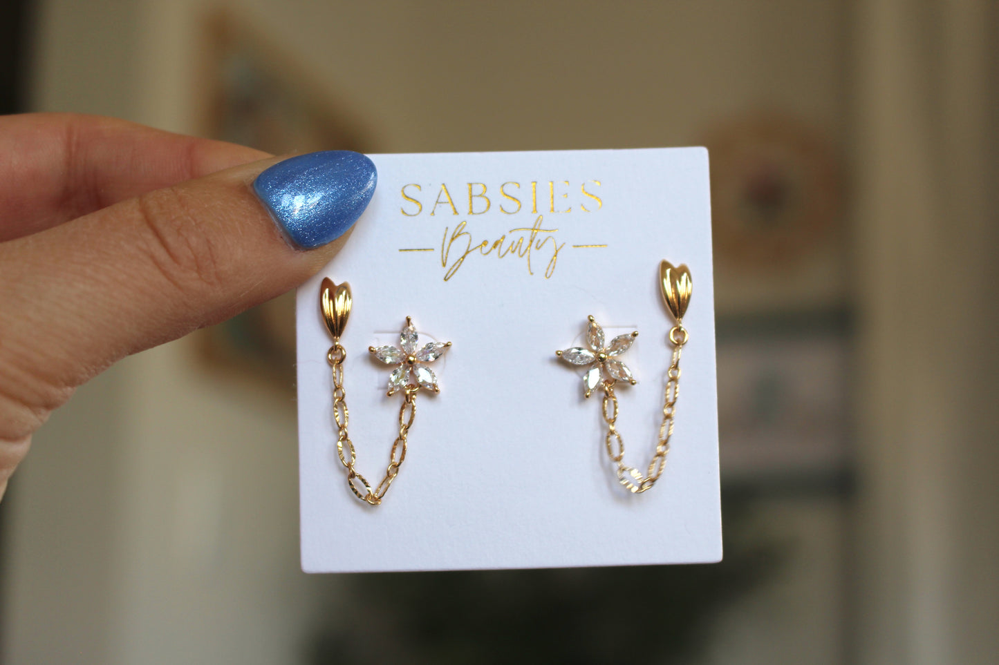 Gold CZ Flower and Leaf Double Stud