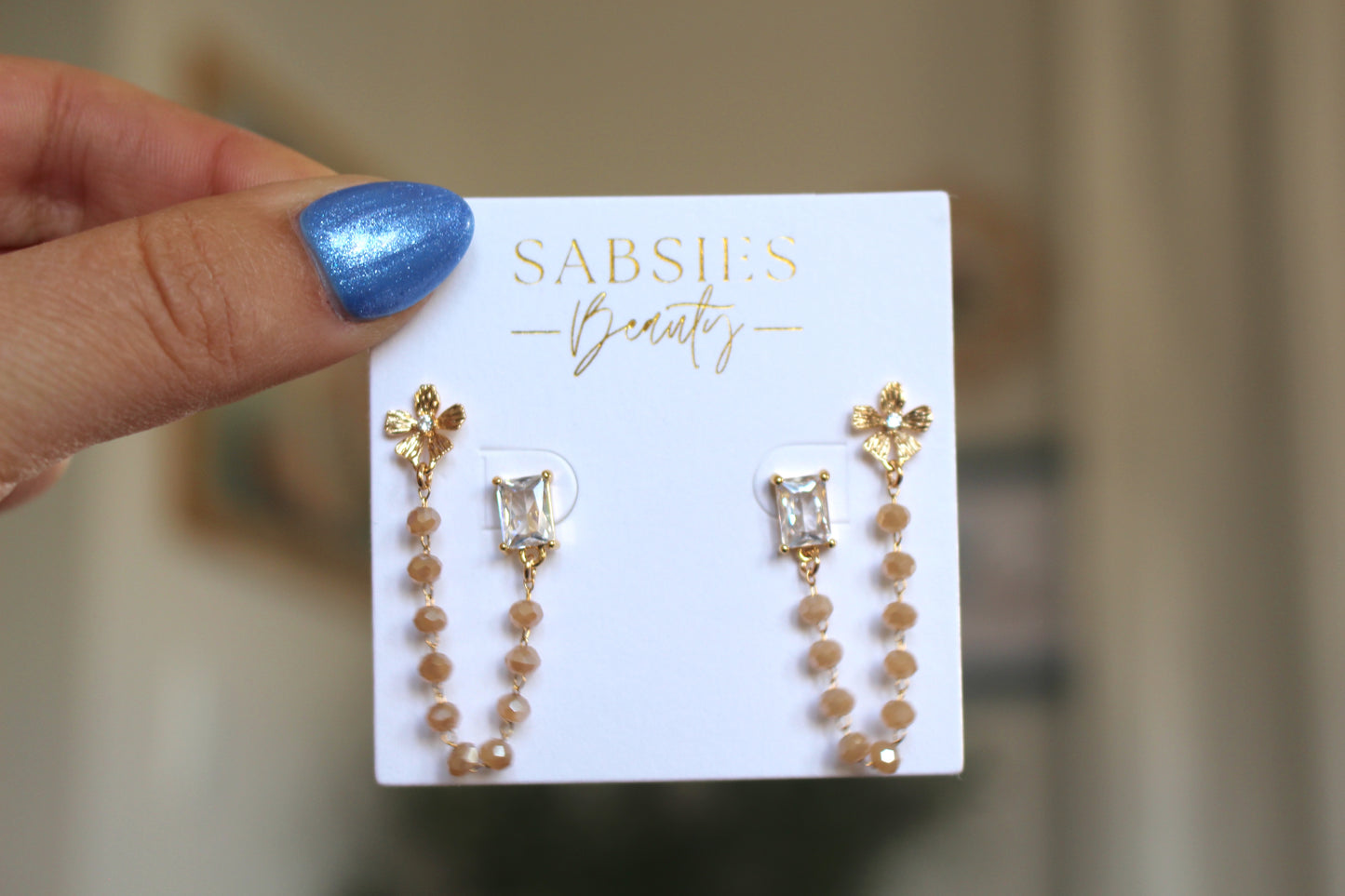 Nude Chain Gold Rectangle CZ Double Stud