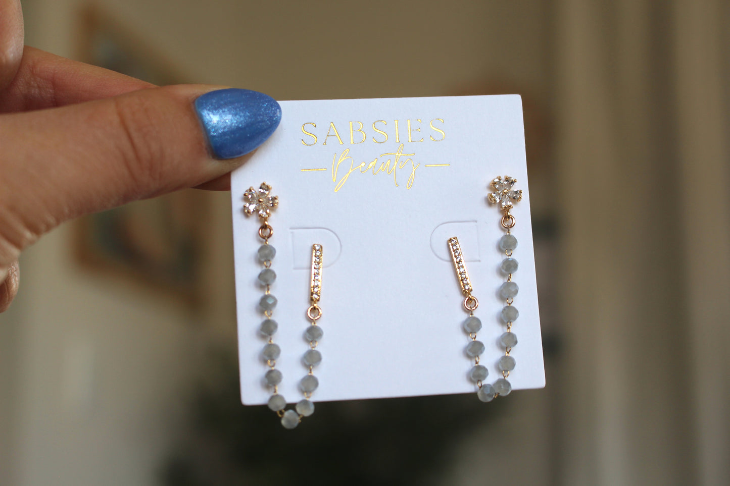 CZ Long Stud and Flower Grey Chain Double Stud