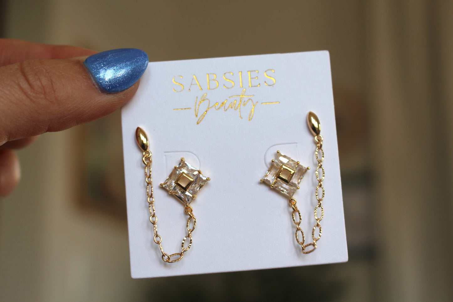 Square CZ Gold Double Stud