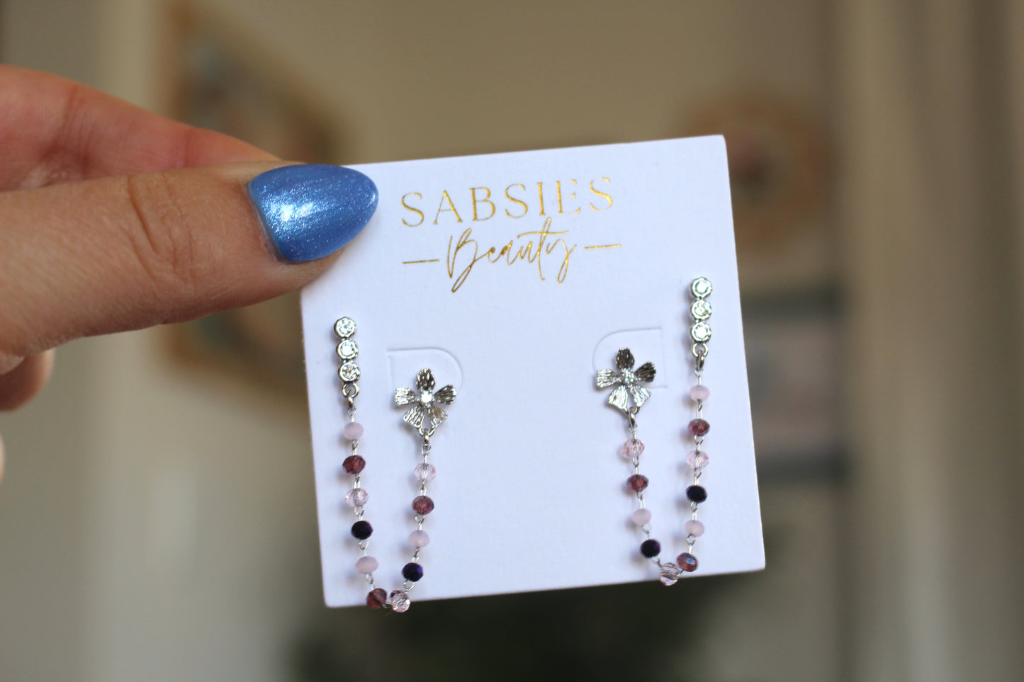 Silver Flower and CZ Bar Multi Purple Double Stud