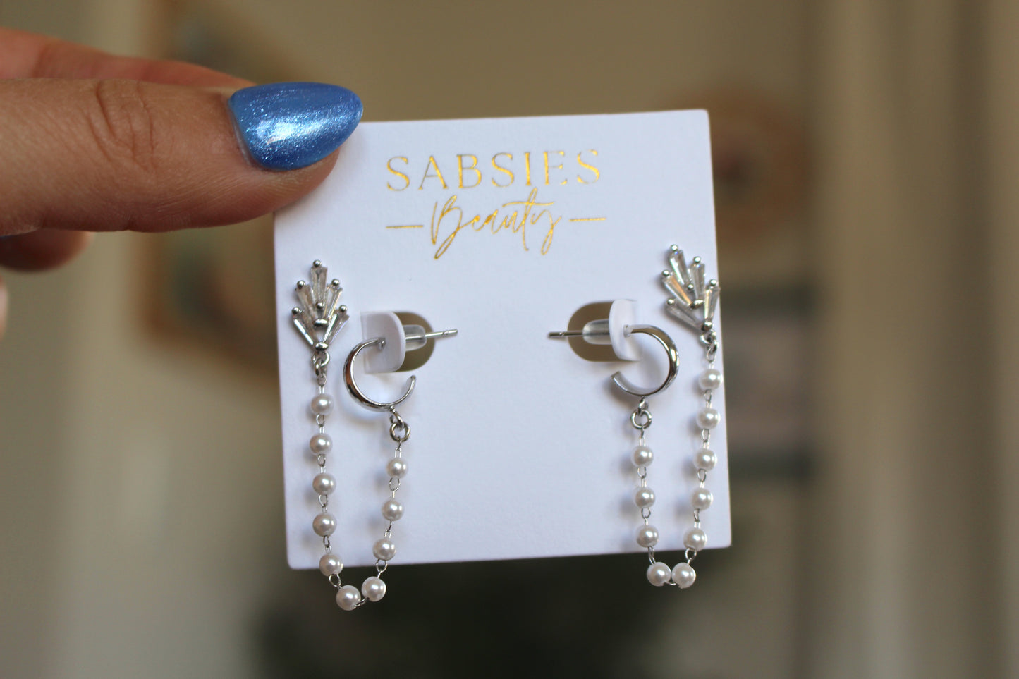 Ornate Silver Stud and Hoop Pearl Chain Double Stud