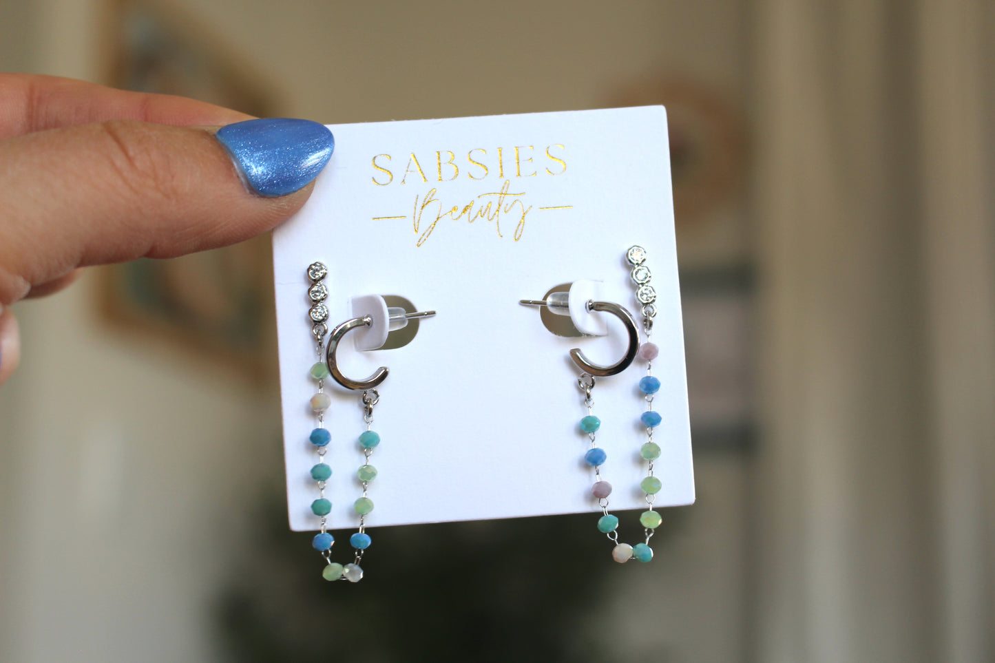Silver Hoop and Bar Stud Multi Color Blue Double Stud