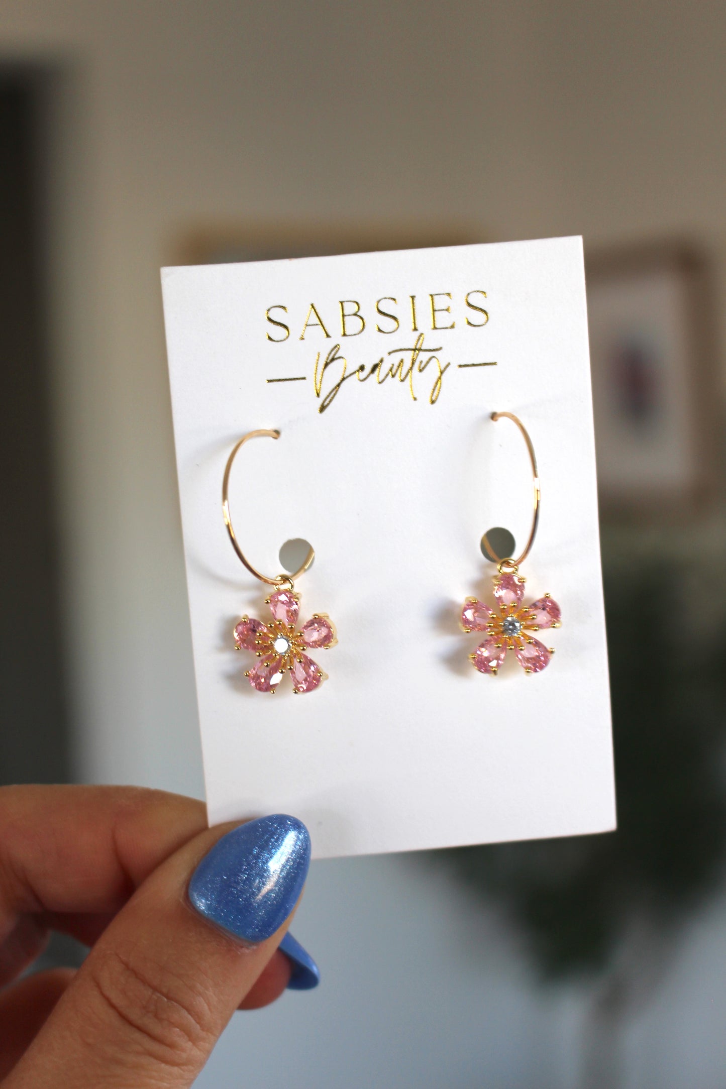Pink Cherry Blossom Dangle on Gold Filled Hoop