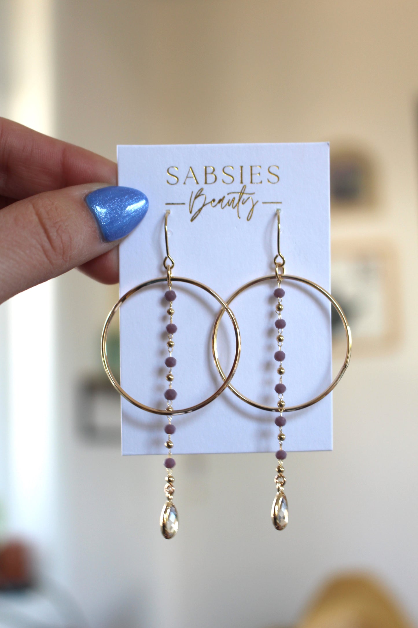 Delicate Mauve Beaded Chain Hoop Dangle