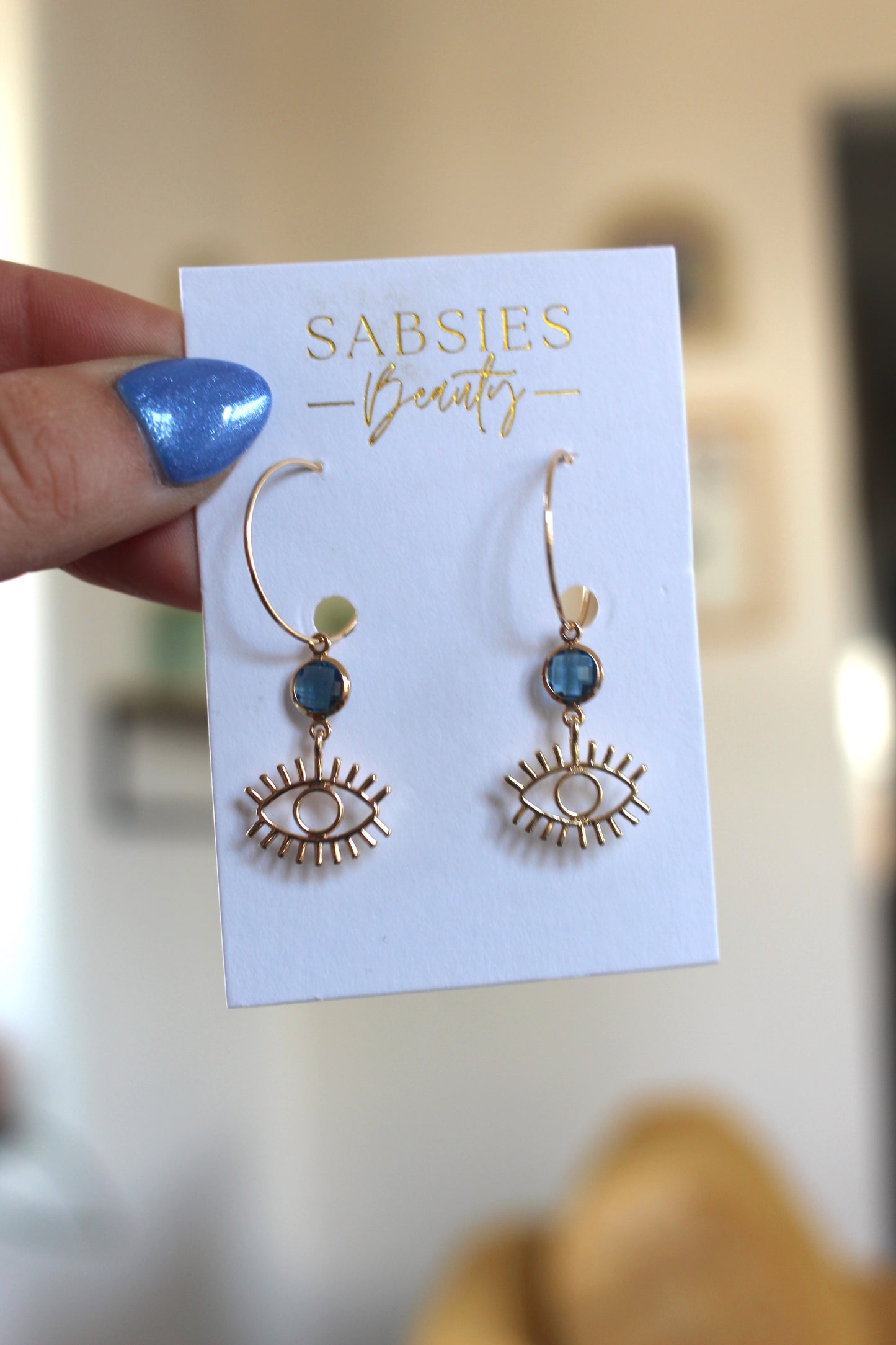 Evil Eye Dangle with Blue Stone on Gold Filled Hoop