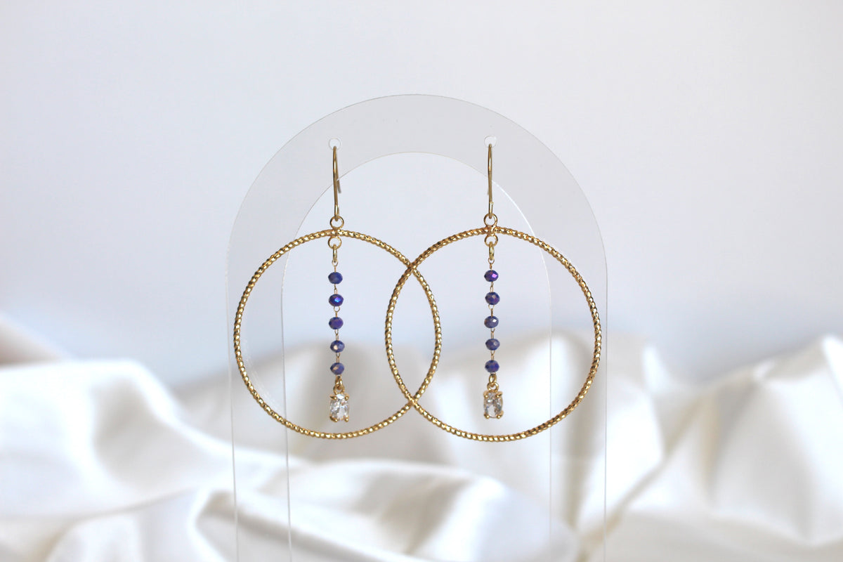 Large Dangle Hoop with Purple Beading and Crystal