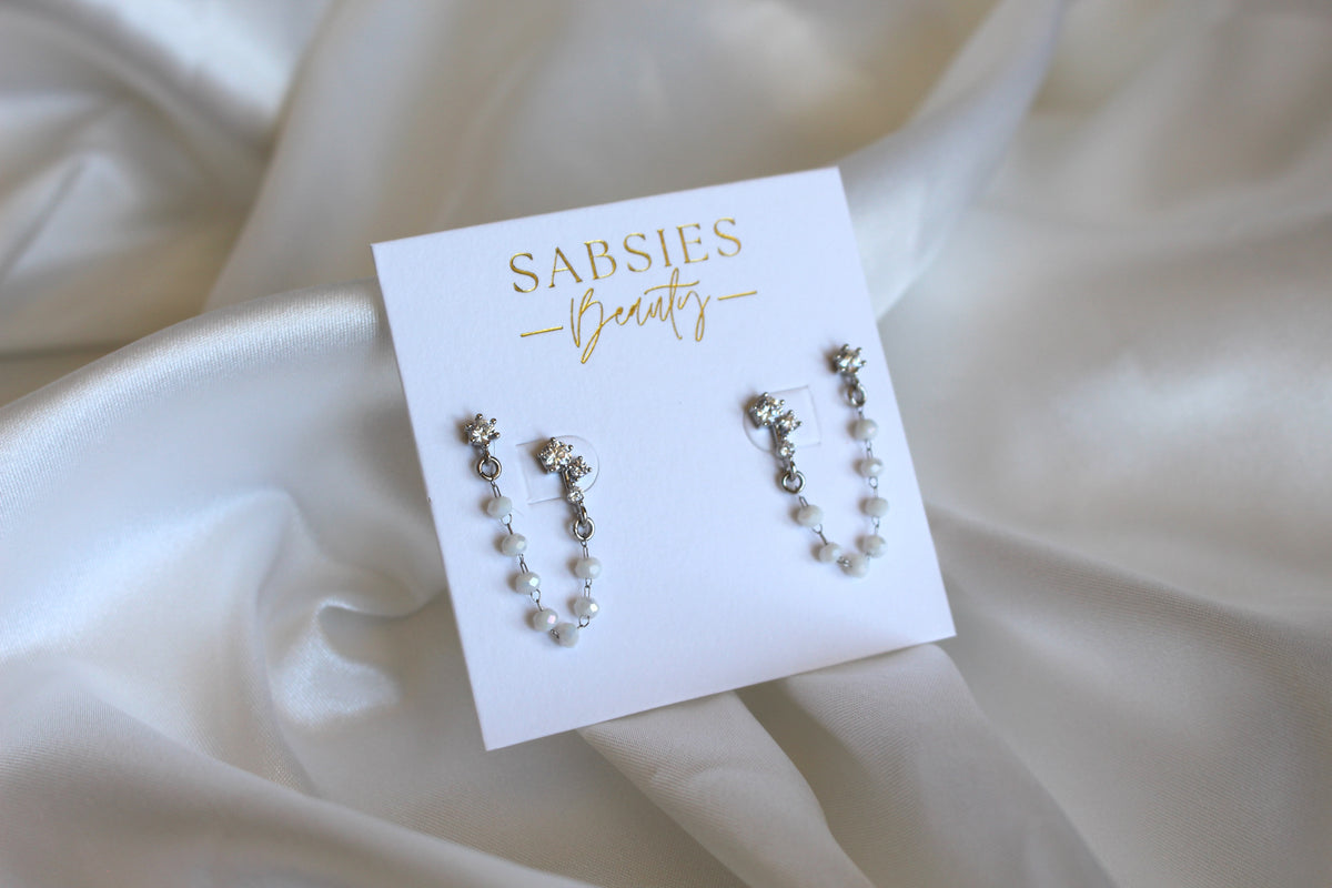 Silver Crystal Double Stud with White Beaded Chain Rhodium Plated
