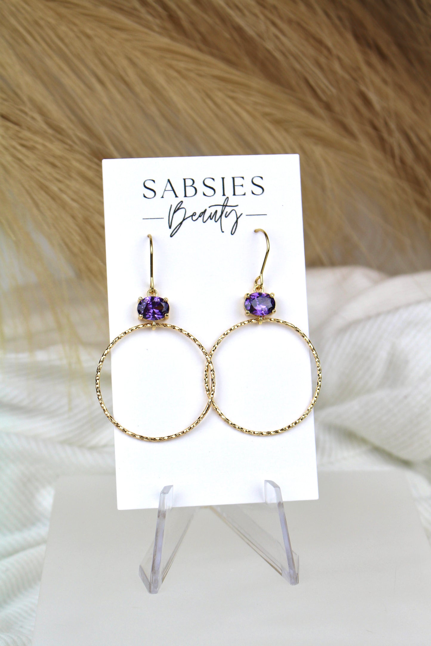 Textured Gold Hoop with Purple Crystal