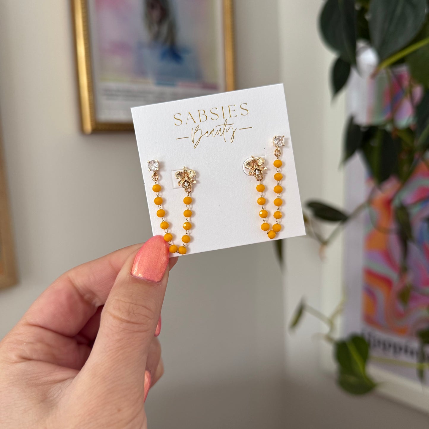 Mustard Beaded Chain Floral and Crystal Double Stud