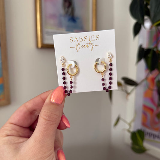 Dark Maroon Texture Hoop and Crystal Double Stud