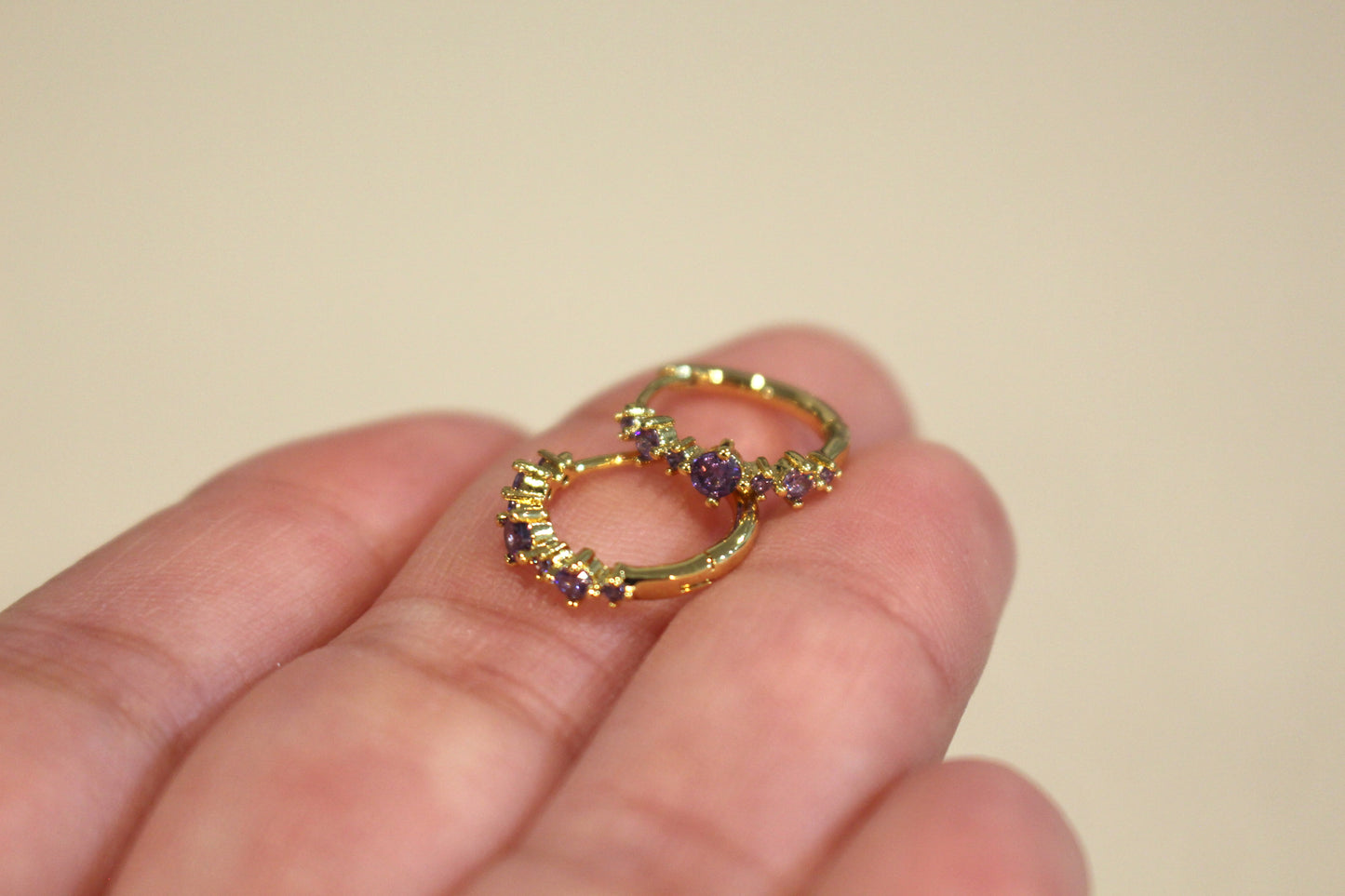 Purple Crystal Ornate 18k Gold Plated Huggie