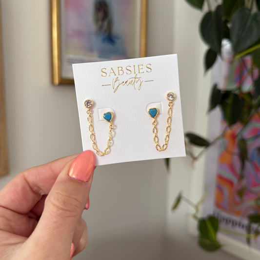 Aqua Heart Gold Chain Double Stud