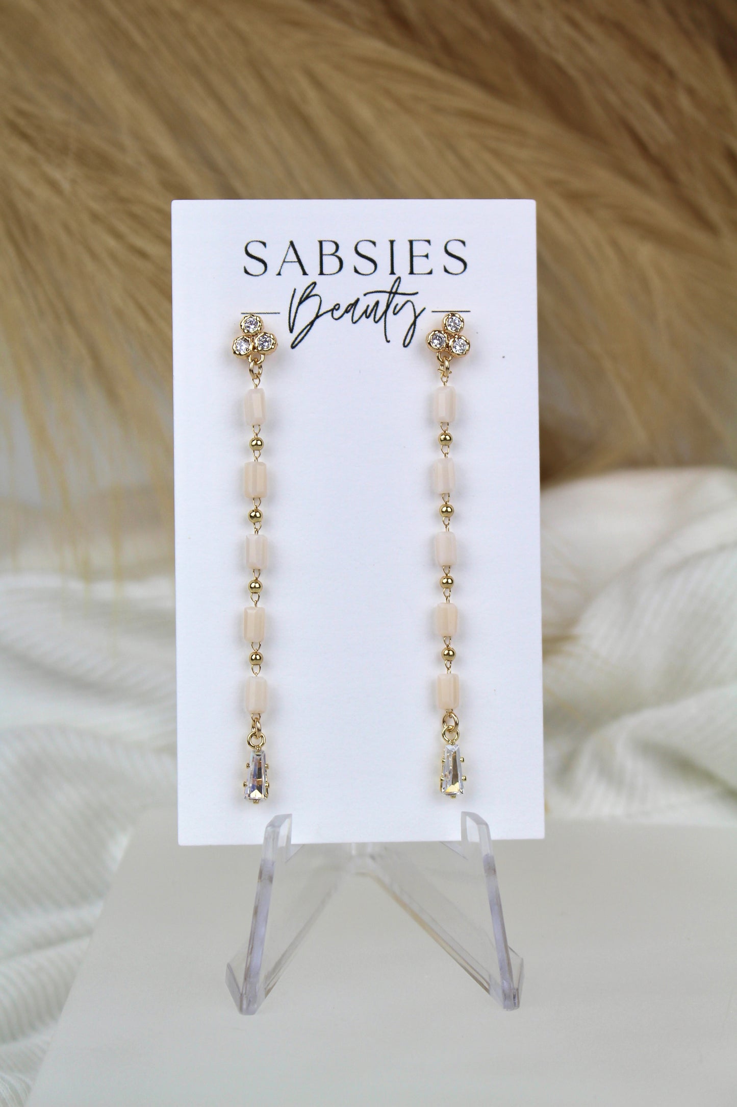 Three Crystal Dainty Stud with Crème Beaded Chain and Crystal Accent