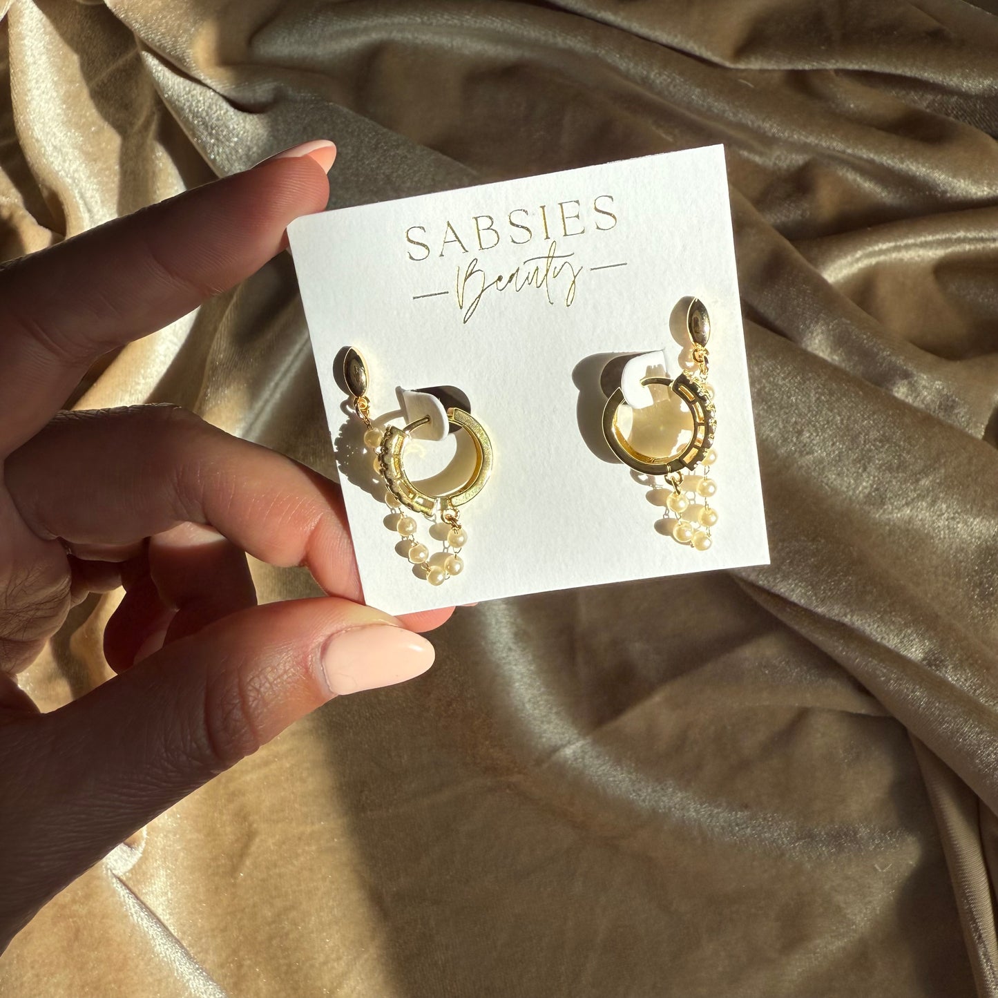 Fancy Crystal Huggie with Nude Pearl Chain Double Stud 18k Gold Plated