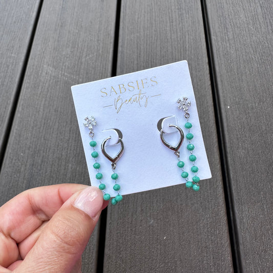 Silver Hoop Teal Chain Double Stud