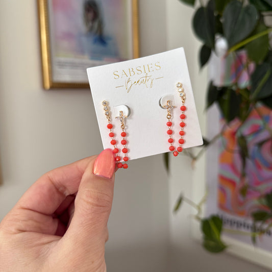 Coral Beaded Chain Crystal Double Stud