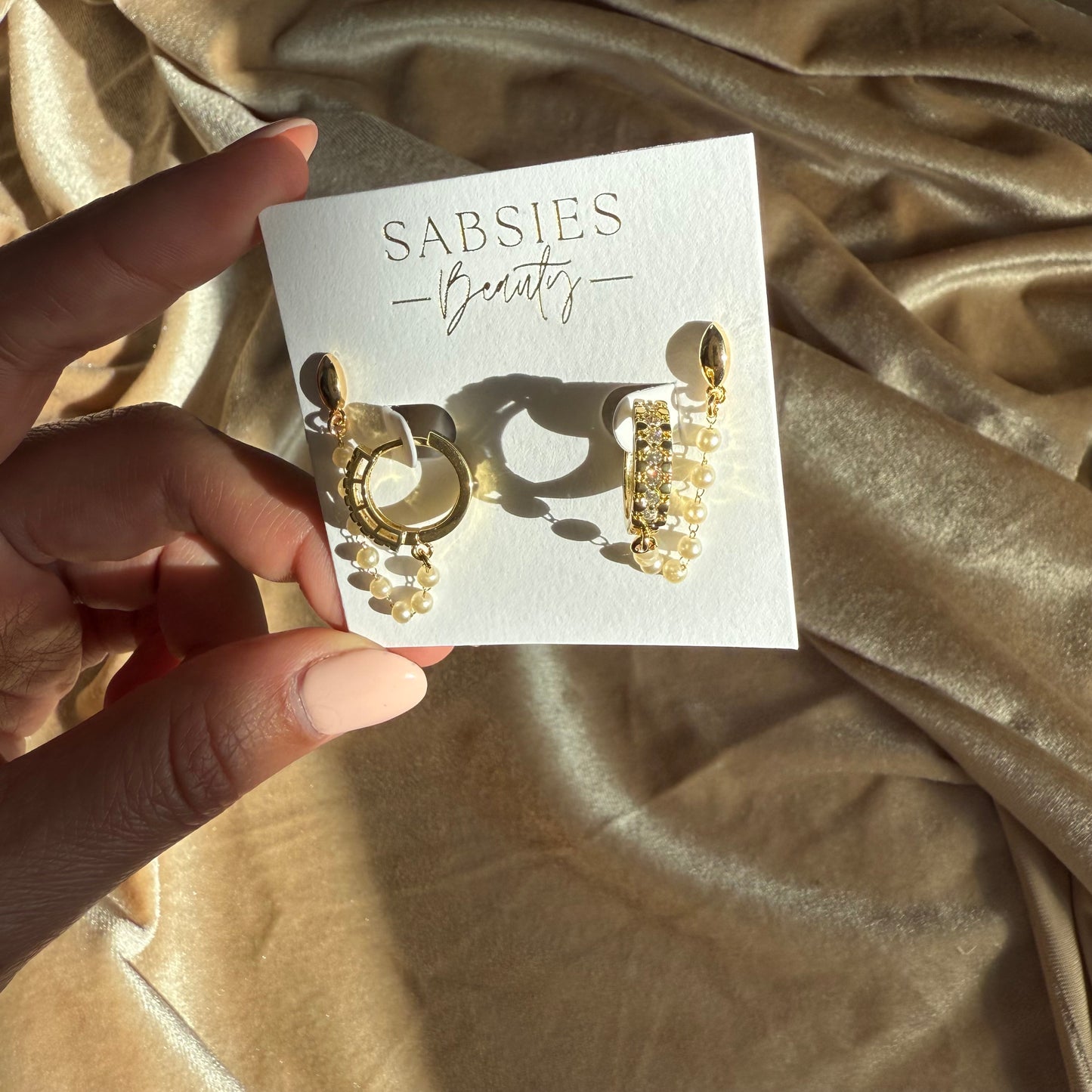 Fancy Crystal Huggie with Nude Pearl Chain Double Stud 18k Gold Plated