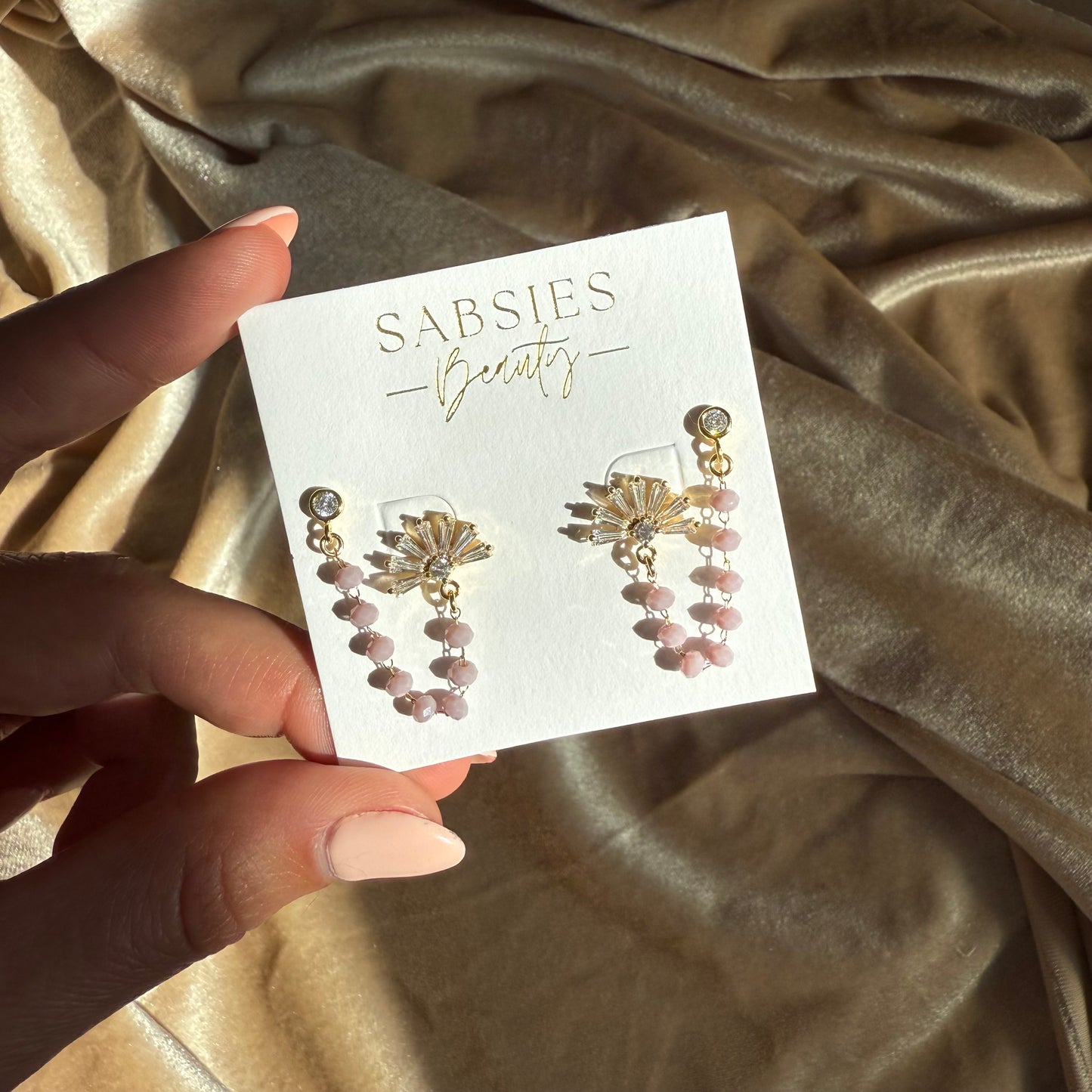 Half Sun Crystal Double Stud with Mauve Chain 18k Gold Plated