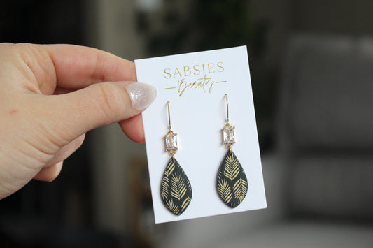 Black and Gold Leaves Dangle with Crystal