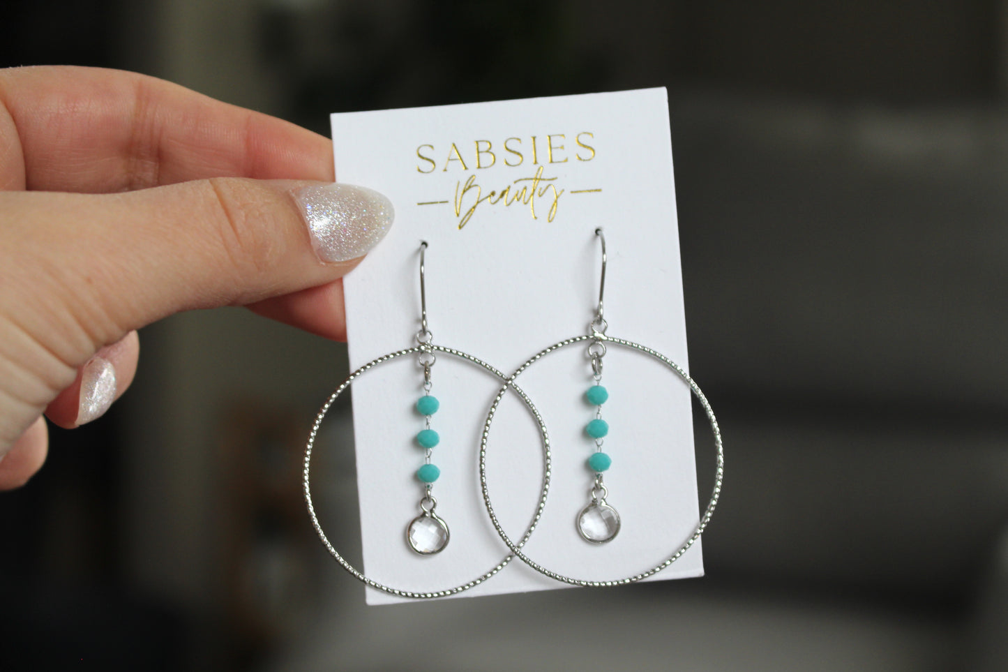 Silver and Aqua Beaded Hoop Dangle