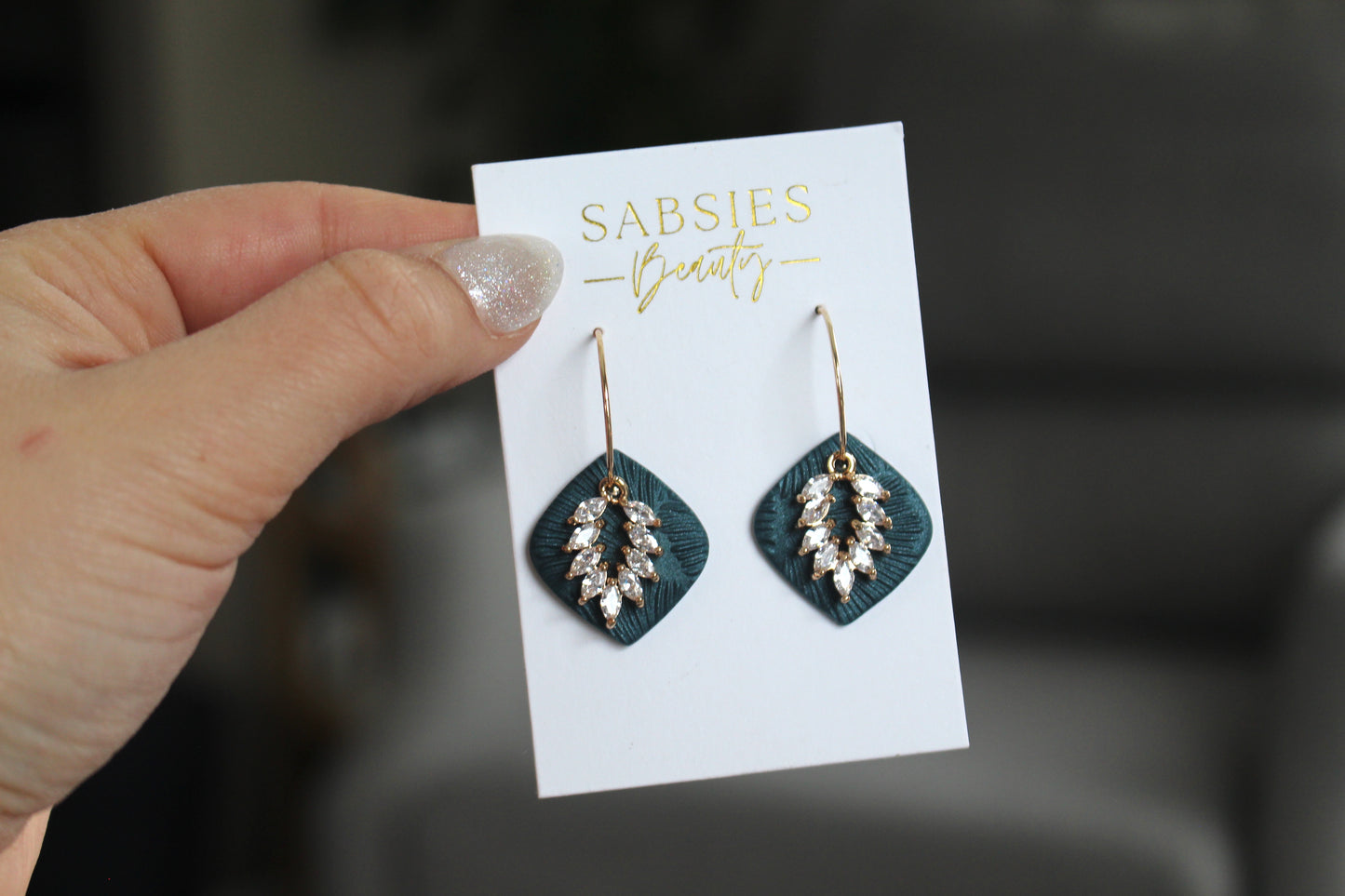 Dark Teal Crystal Dangle on Gold Filled Hoop