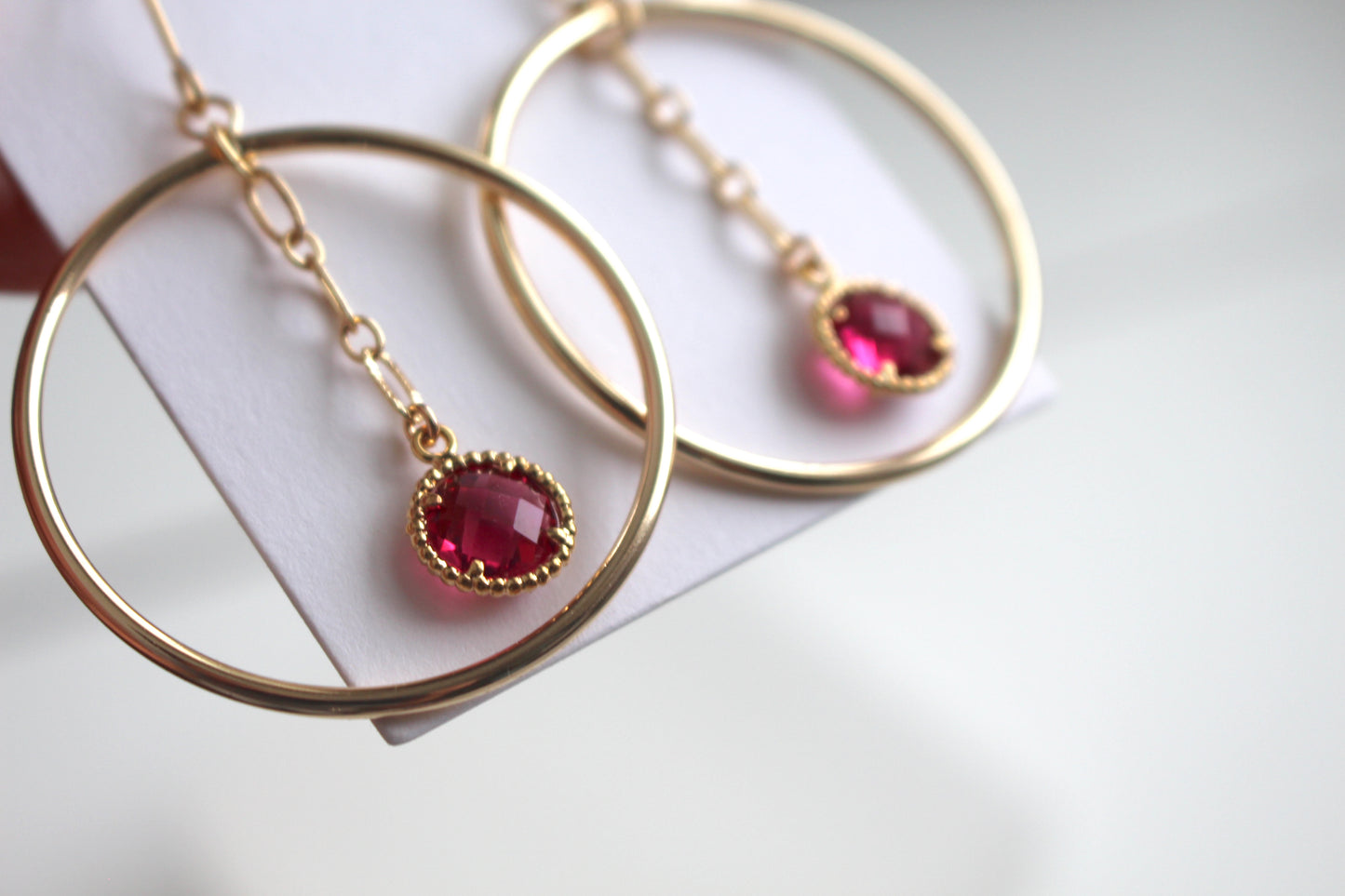 Chunky Gold Hoop with Magenta Stone