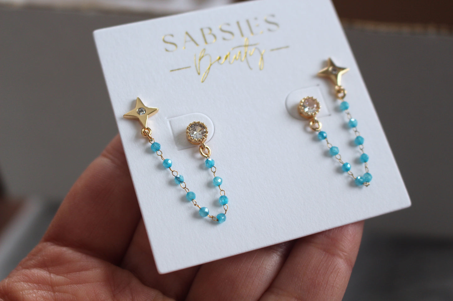 Crystal Aqua Chain Double Stud