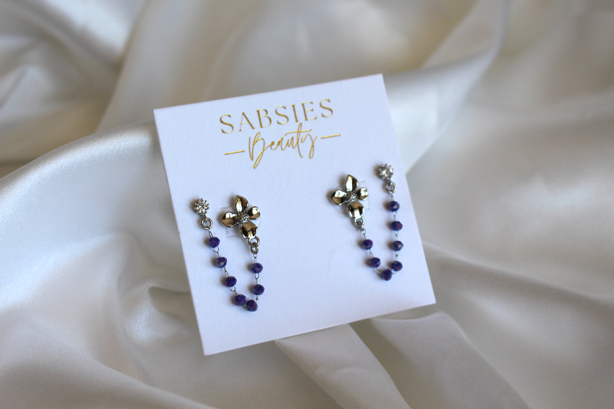 Silver Double Stud with Flower and Crystal on Purple Beaded Chain Rhodium Plated