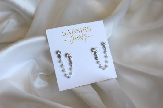 Silver Crystal Double Stud with White Beaded Chain Rhodium Plated