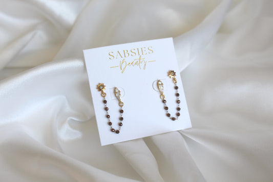 Gold Crystal Double Stud with Brown Beaded Chain 18k Gold Plated