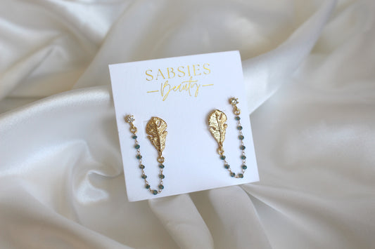 Gold Feather Double Stud with Teal Beaded Chain 18k Gold Plated