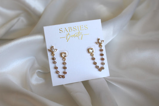 Gold Crystal Double Stud with Nude Beaded Chain 18k Gold Plated