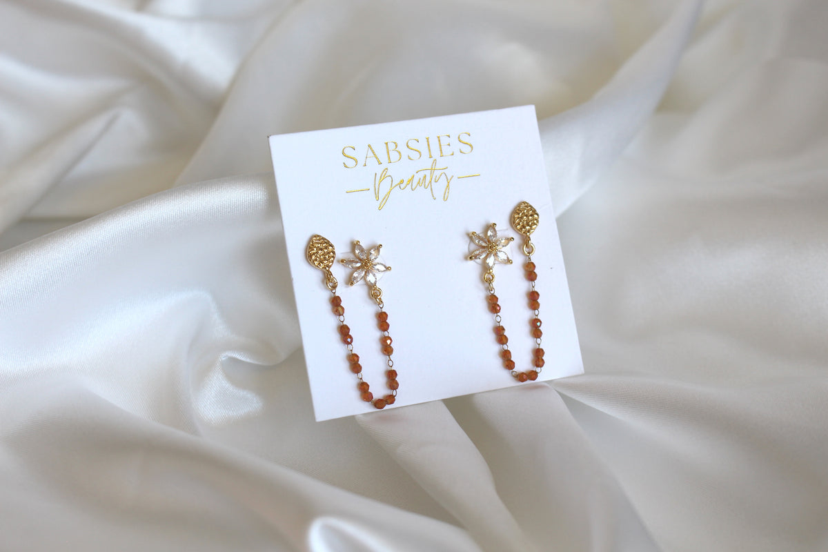 Flower Double Stud with Burnt Orange Beaded Chain 18k Gold Plated