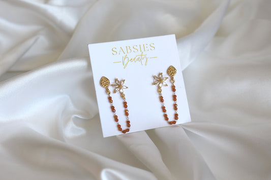 Flower Double Stud with Burnt Orange Beaded Chain 18k Gold Plated
