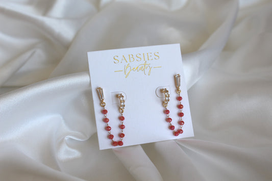 Crystal Half Hoop with Coral Beaded Chain Double Stud 18k Gold Plated