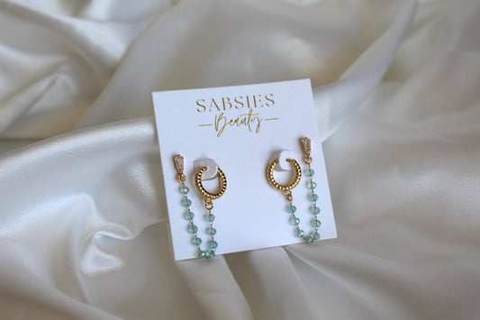 Texture Hoop Double Stud with Aqua Beaded Chain 18k Gold Plated
